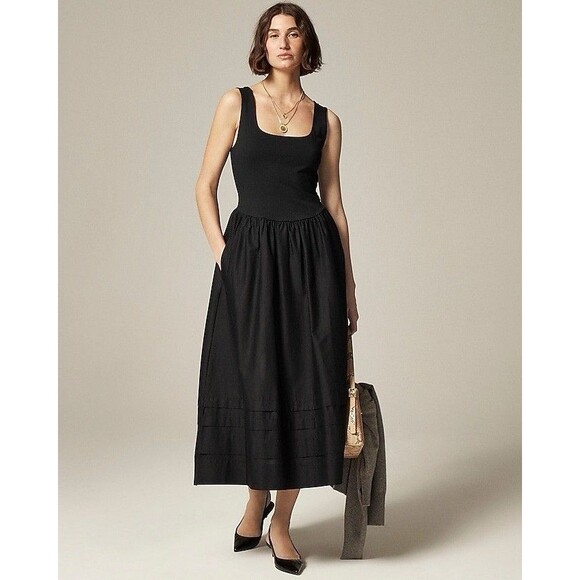 J. Crew Black Drop Waist Mixy Midi Dress A-Line Cotton Size L Romantic Classic - Picture 1 of 12